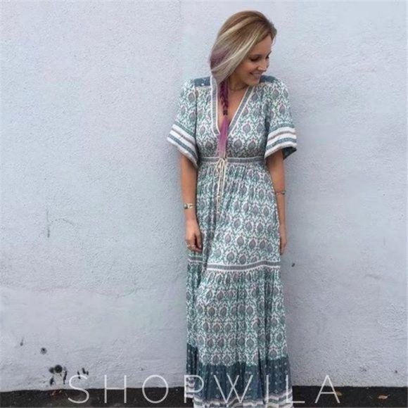 Bohemian Gypsy Print Kimono Maxi Dress Blue - Picture 8 of 9
